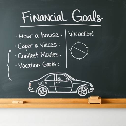 Pizarra con metas financieras escritas, como ahorrar para un coche y vacaciones